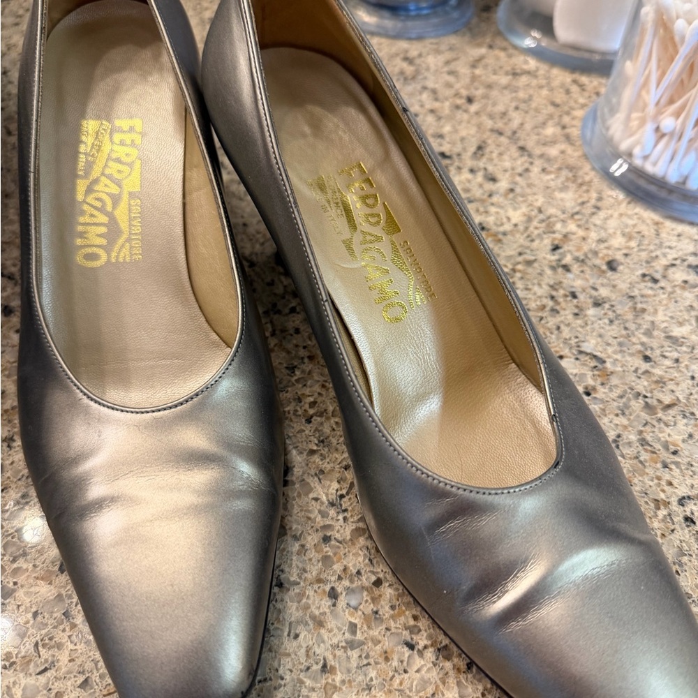 Salvatore Ferragamo Metallic Silver Leather Pumps